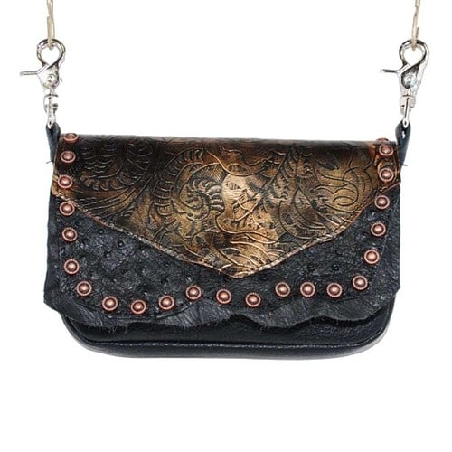 hip bag handbag 12.1-05 in black leather body and bronze floral leaf decorative lid