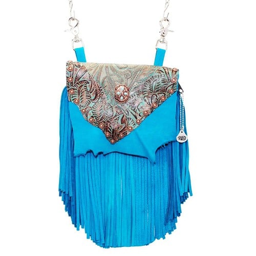 Marty Bag 6.2-04 in teal deerskin with turquoise floral leaf printed leather lid