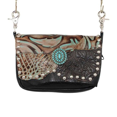 Decorative XL Concealed Carry Hip Bag featuring a marbled turquoise and brown flap, with black leather floral embossing and turquoise embellishments.