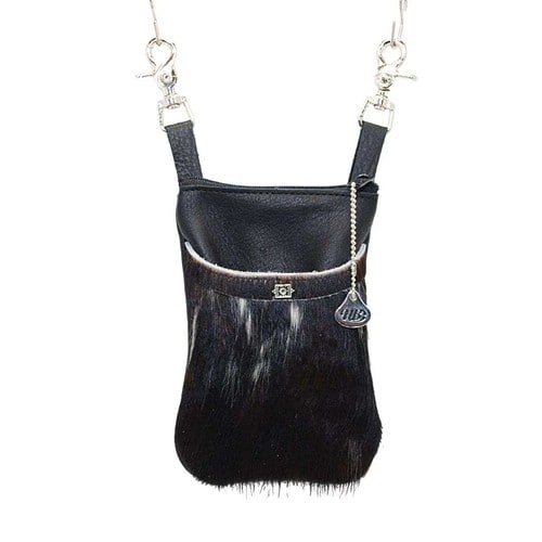 cell hip bag 9.1-22 in black leather and black hair on hide front pocket