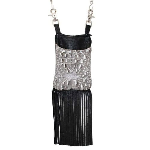 cell hip bag 9.2-05 in black body and silver foiled creme gator front pocket