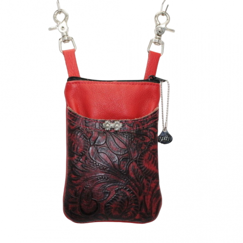 Cell Hip Bag 9.1-06 shown in red leather body and red floral leaf print front pocket