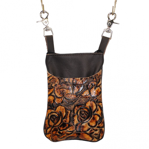 cell hip bagin black leather body and sienna rose print front pocket