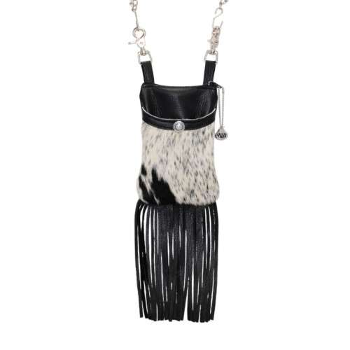 fringe cell phone hip bag with a black body, salt and peppe hair on hide front pocket