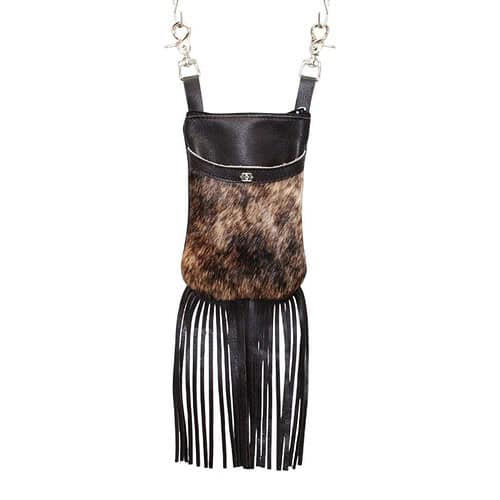 fringe cell phone hip bag in a black body and brindle hair on hide front pocket