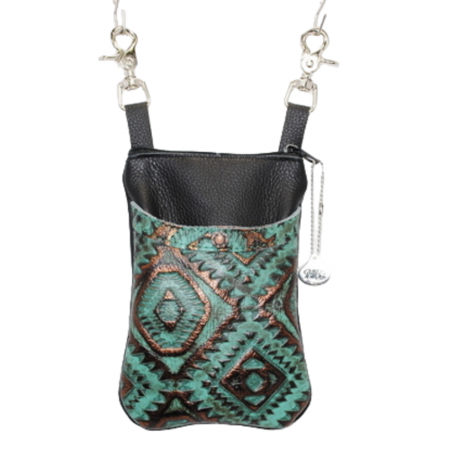 Cell Hip Bag 9.1-15 in black leather body and turquoise azted front pocket