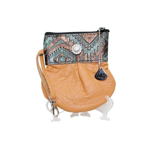 leather marble hip bag in saddle tan and copper foiled aztec banner