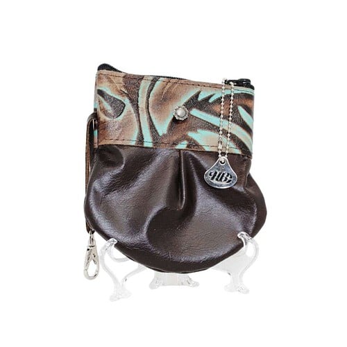 marble bag in espresso brown leather and turquoise swirl band