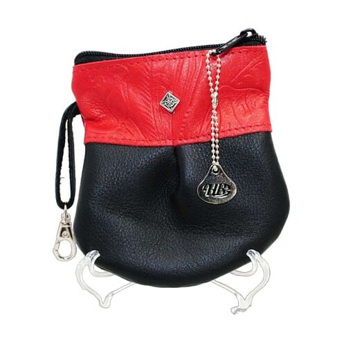 marble hip bag in black leather and red tooled band.