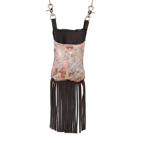 cell hip bag fringe 9.2-21 in espresso brown leather body and peach foiled hair on hide front pocket