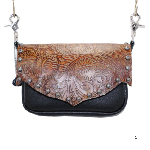 concealed carry hip bag handgun purse in black body and mohagany floral leaf lid