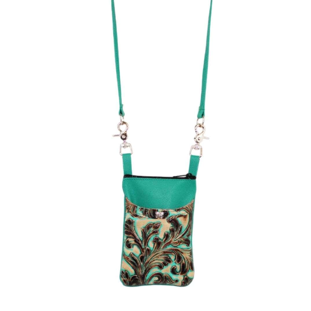 cell phone hip bag 9.1-20 shown with turquoise leather shoulder strap