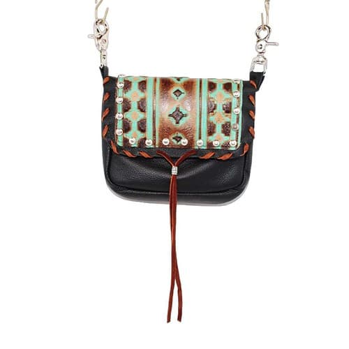 designer hip bag in black leather and navajo print decorated lid