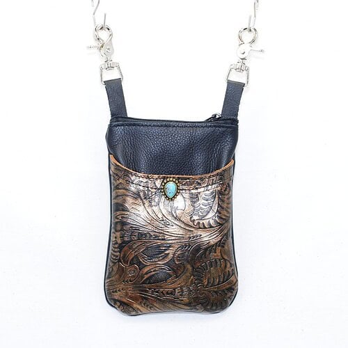 womens phone purse shown with black body and bronze leaf front pocket