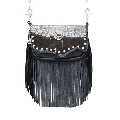 XL Concealed Carry Hip Bag Handbag in black leather with full fringe.