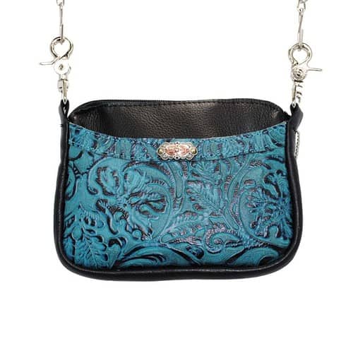 Cellphone Hip Bag Side Cell 9.51-03 in black body and teal oak leaf printed front pocket