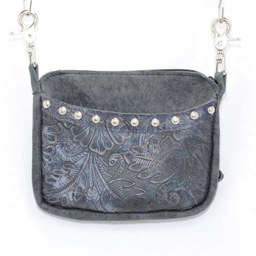 cellphone hip bag side cell in charcoal grey leather and midnight floral tooled front pocket