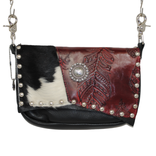 extra large concealed carry hip bag in black leather and red feather decorated lid