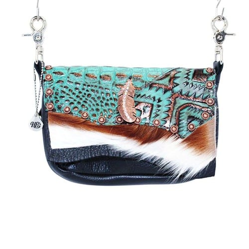 Hip Bag Handbag 12.1-11 with black body and copperfoiled turquoise aztec decorated lid