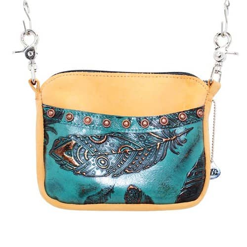 cellphone hip bag in buckskin leather body and jade feather front pocket