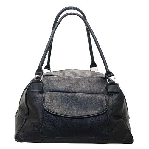 hip bags duffel bag rear view showing exterior pocket in black leather