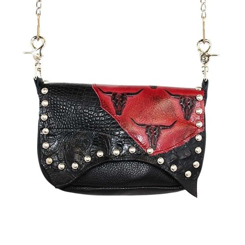 ccw purse for women by hip bags in black leather body and burgundy steer head mosaic lid