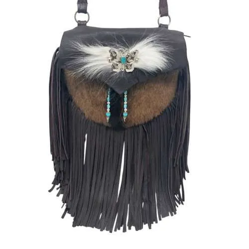 fringy crossbody purse in espresso deersking and rust and black hair on hide front panel