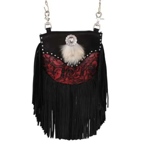 black deerskin motorcycle hip bag with red rose print front panel