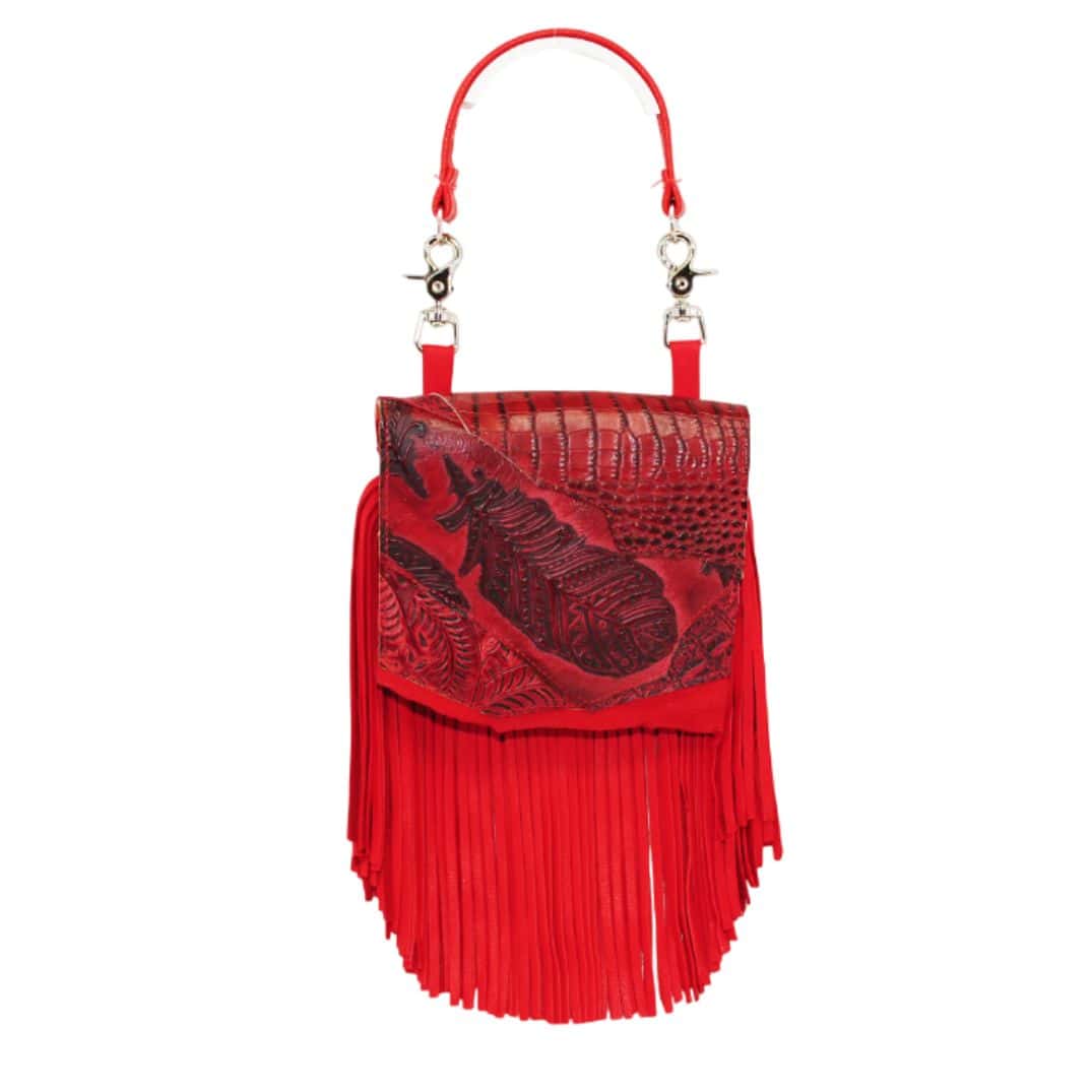 marty hip bag in red deerskin with feather print decorated lid and handbag handle