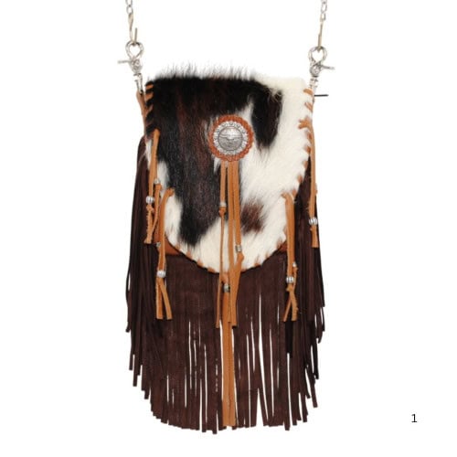 women's hip bag in caramel leather in tri-colored hair on hide lid