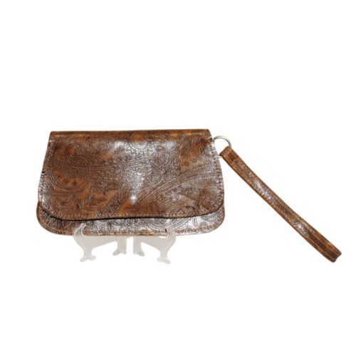 hip bag mini clutch in mahogany floral leaf leather