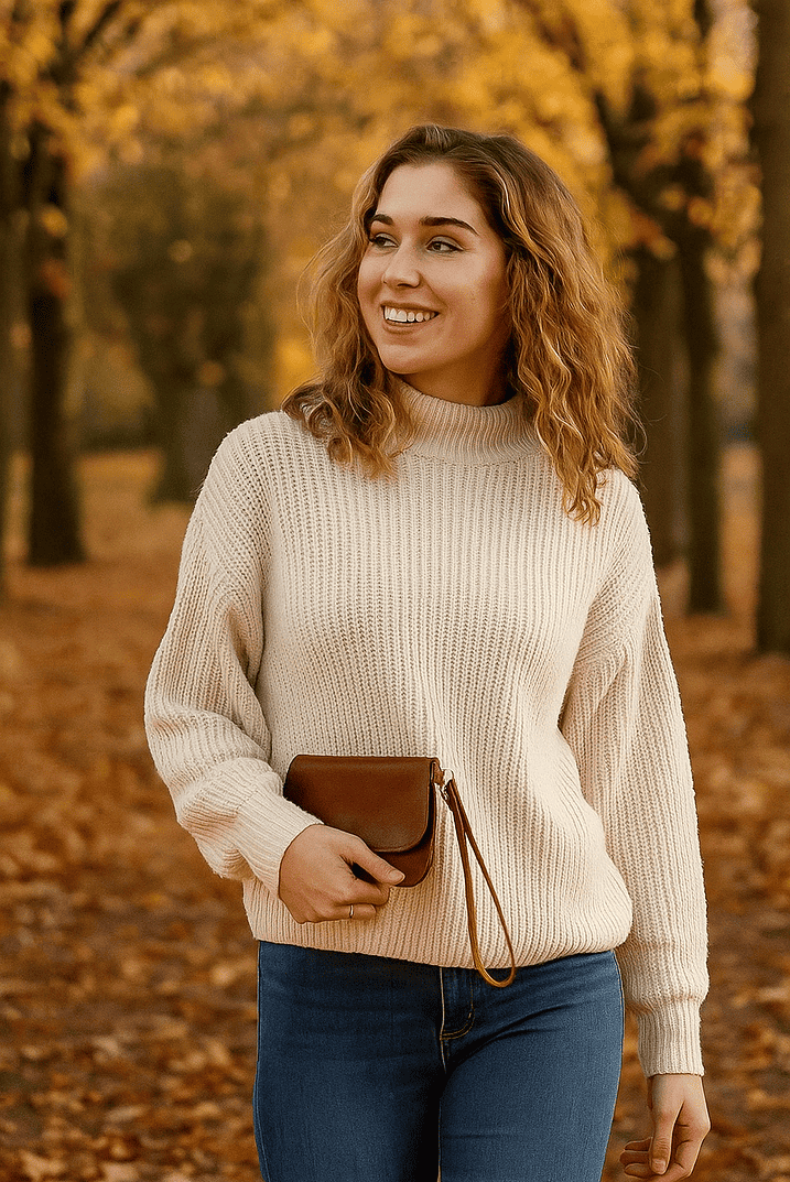 hip bag mini clutch worn by lovely lady on a fall day