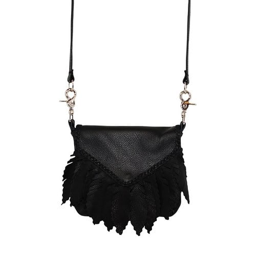black feather hip bag showing shoulder strap