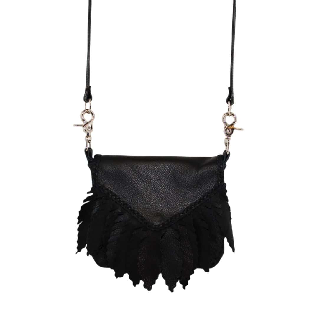 black feather hip bag showing shoulder strap