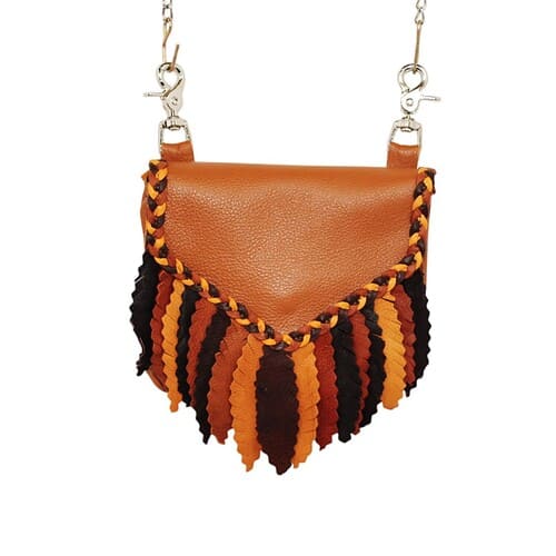 feather hip bag caramel cowhide and multi-colored feathers
