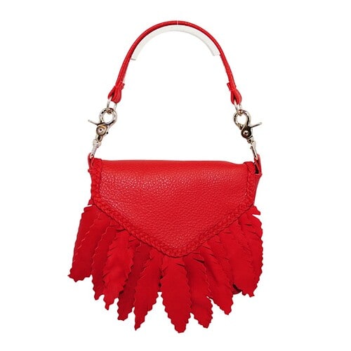 feather hip bag displayed in red cowhide
